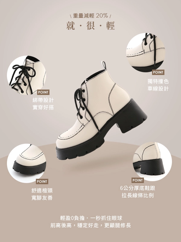 好感俏皮．撞色車線厚底綁帶短靴 百搭米