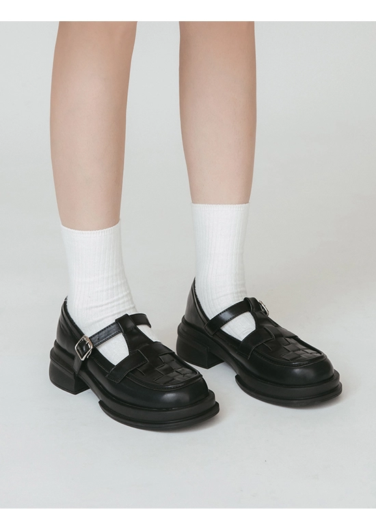 日系女孩．格子編織T字低跟瑪莉珍鞋 時尚黑
