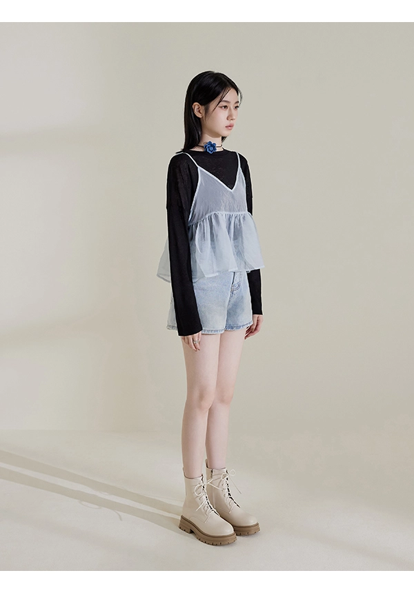 勁酷少女．圓頭加厚底綁帶短靴 香草米