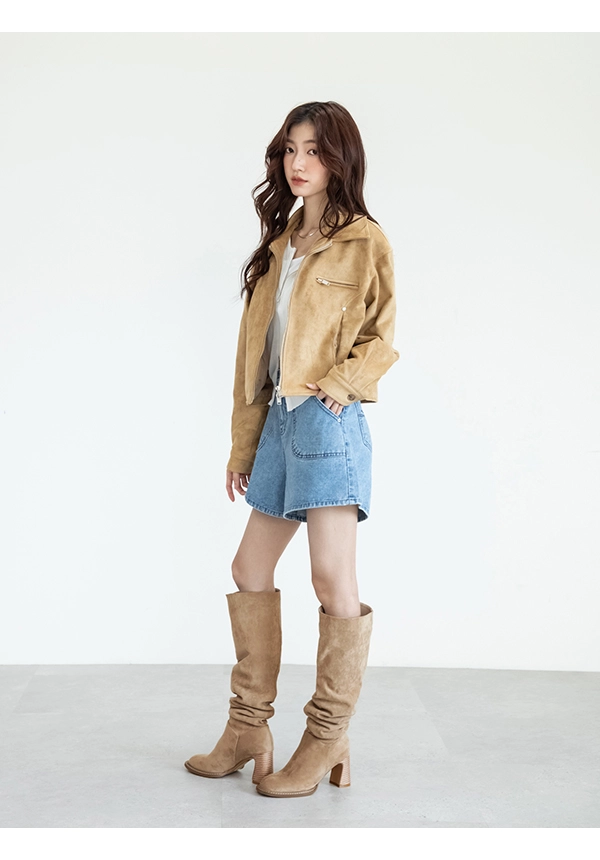 曠野玫瑰圓頭木紋跟堆堆長靴 杏色