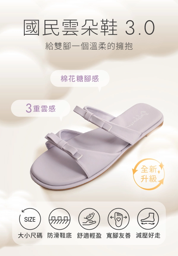 【國民雲朵鞋3.0】蝴蝶結雙帶平底拖鞋 薰衣紫