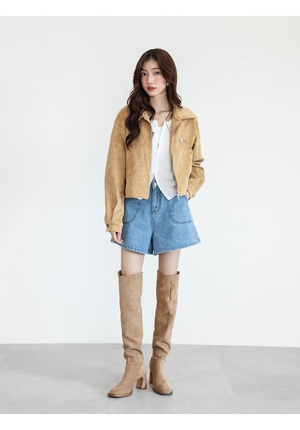 曠野玫瑰圓頭木紋跟堆堆長靴 杏色