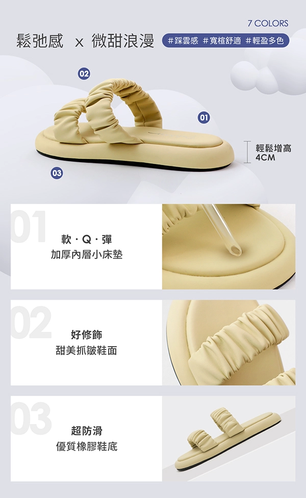 繽紛夢境雲朵抓皺雙帶涼拖鞋 時尚黑