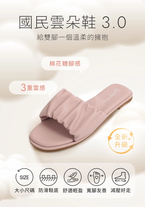 【國民雲朵鞋3.0】棉花糖雲朵抓皺拖鞋 草莓粉