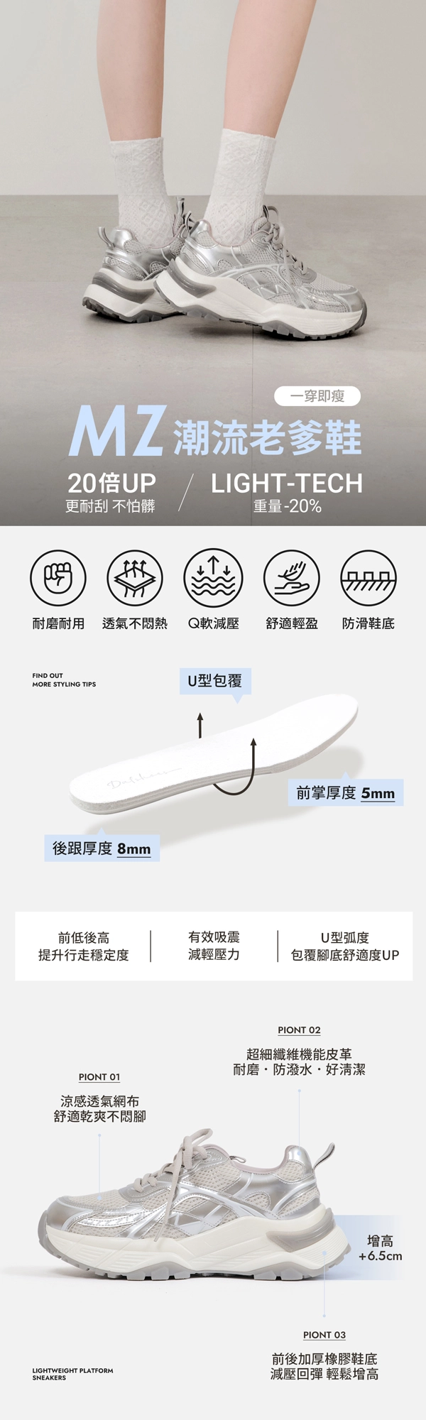 韓系科技感輕量增高運動鞋 銀