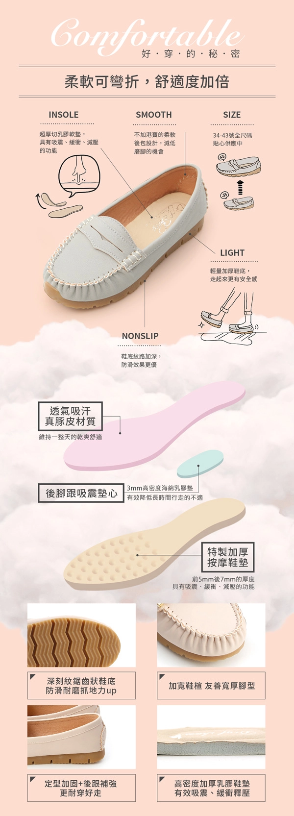 柔軟升級．MIT經典款莫卡辛健走鞋 百搭米