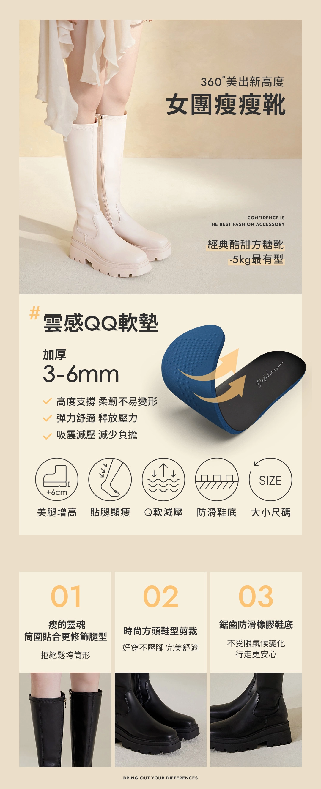 完美進化．增高厚底方糖瘦瘦長靴 香草米