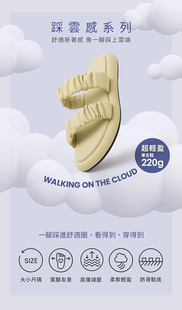 繽紛夢境雲朵抓皺雙帶涼拖鞋 時尚黑